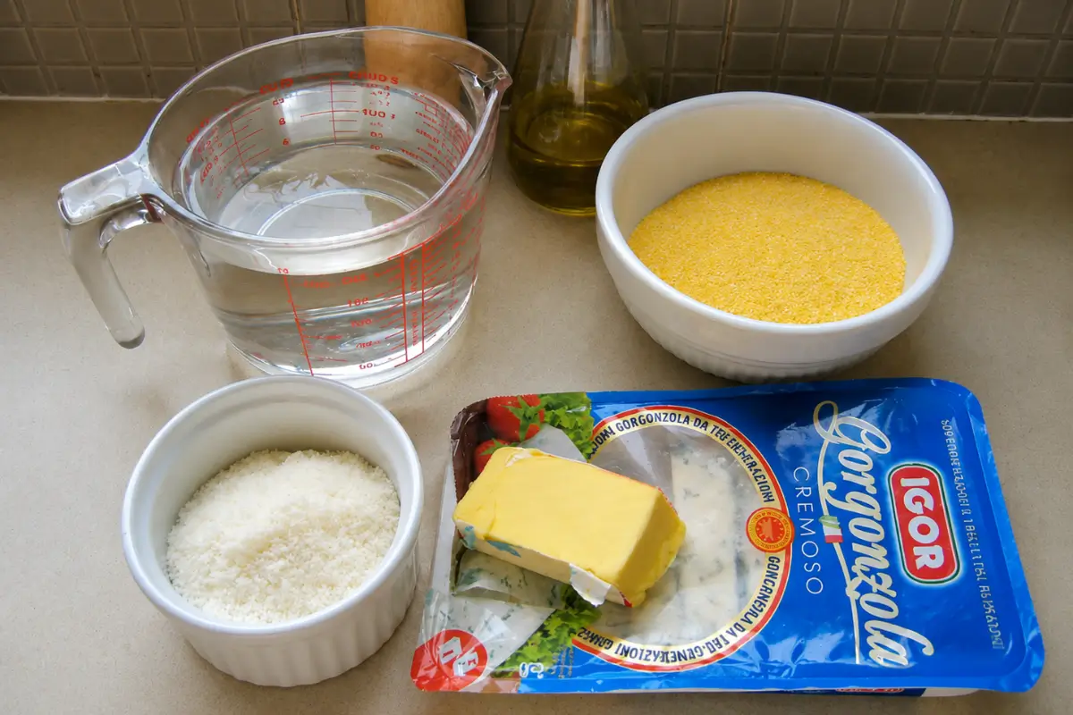 Ingredients for Polenta Concia with polenta, water, olive oil, butter, Gorgonzola, and Parmigiano Reggiano.