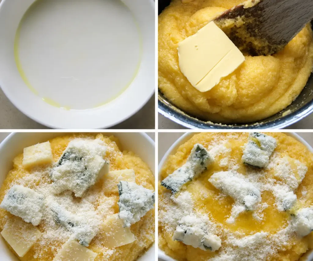 Polenta layered with Gorgonzola, Fontina, Parmigiano Reggiano, and melted butter before baking.
