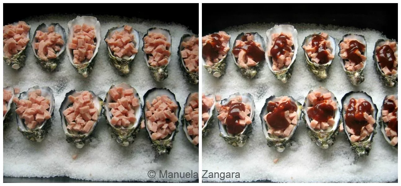 Fresh oysters topped with diced bacon and Kilpatrick sauce before grilling.