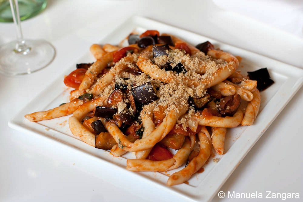 Busiati with eggplant and garlic & thyme breadcrumbs