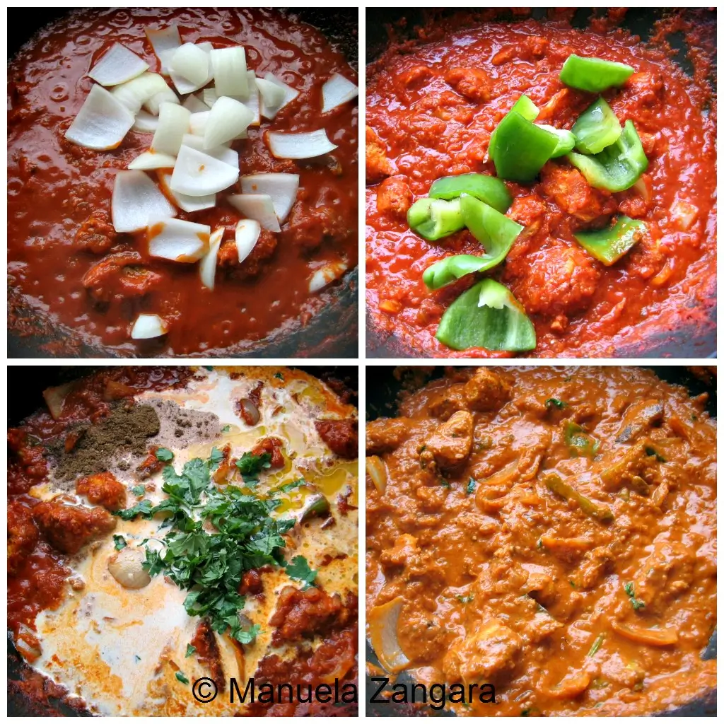 Onion and green capsicum added to simmering curry sauce.