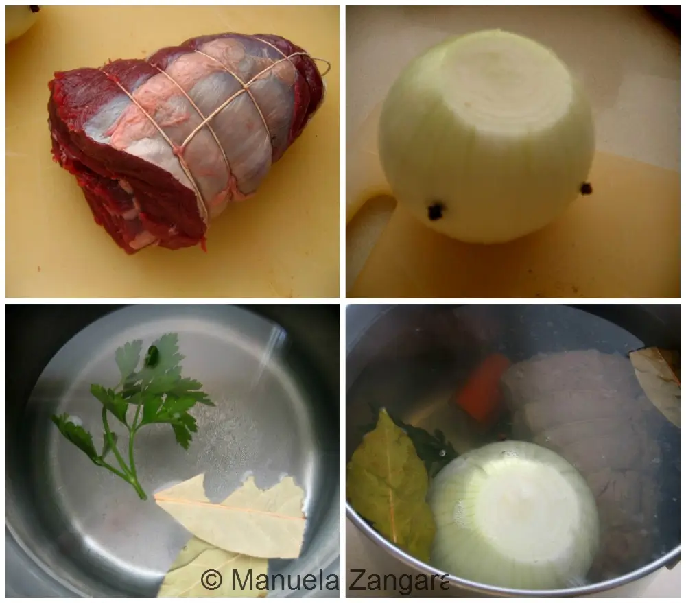 Collage showing tied beef, clove-studded onion, herbs in water, and the simmering pot at the start of cooking.