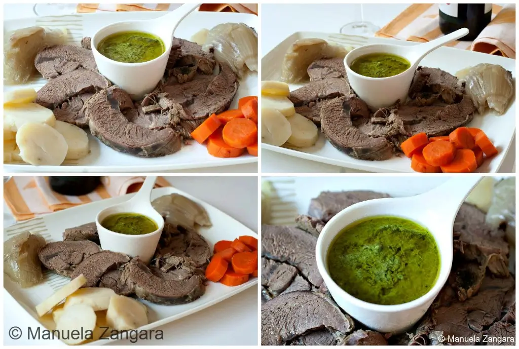 Collage of sliced beef, vegetables, and Salsa Verde arranged on a serving platter.