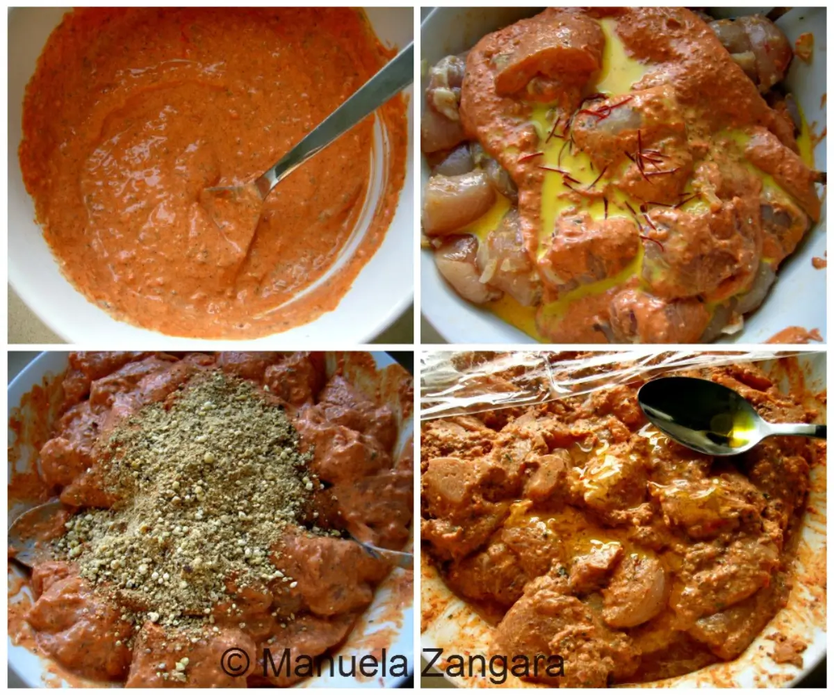Collage showing the yoghurt marinade being mixed with spices, saffron milk, and chickpea flour.