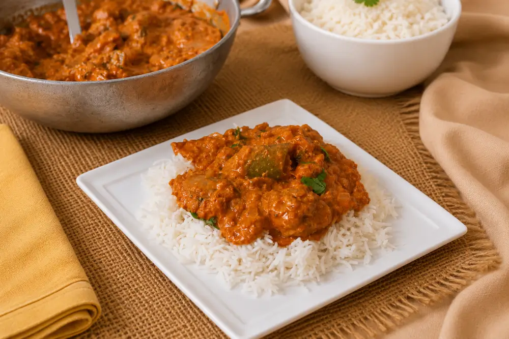 Chicken tikka masala served over basmati rice on a white plate with extra curry in the background.