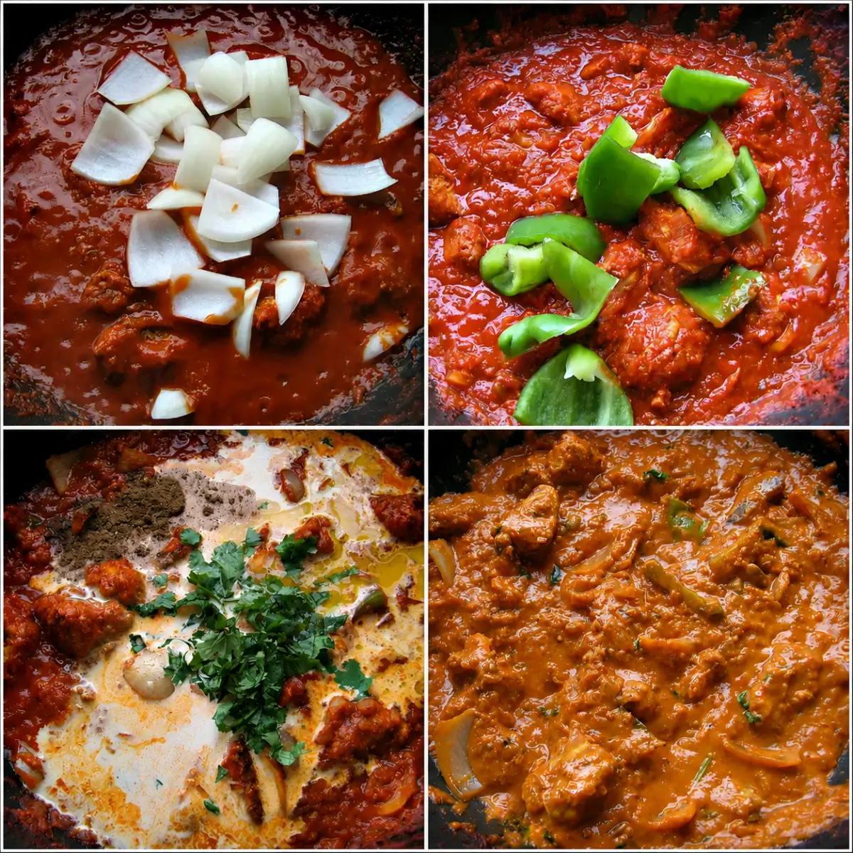 Onion, capsicum, cream, butter, garam masala, and coriander being added to chicken tikka masala before the sauce thickens.