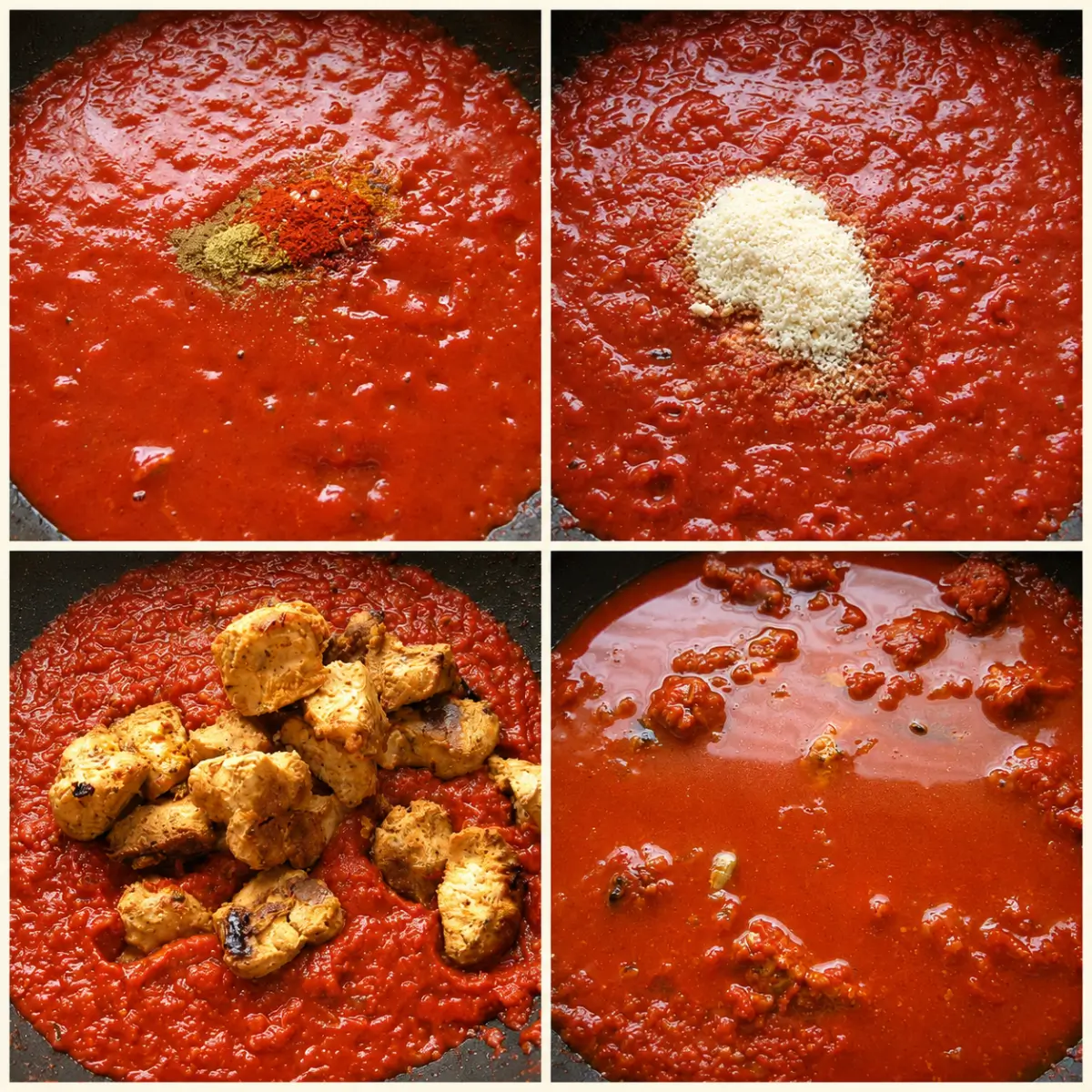 Spices, ground cashews, chicken tikka, and water being added to the tomato sauce before cooking.