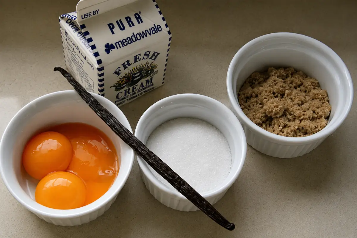 Egg yolks, cream, sugar, brown sugar, and a vanilla pod arranged for making crème brûlée.