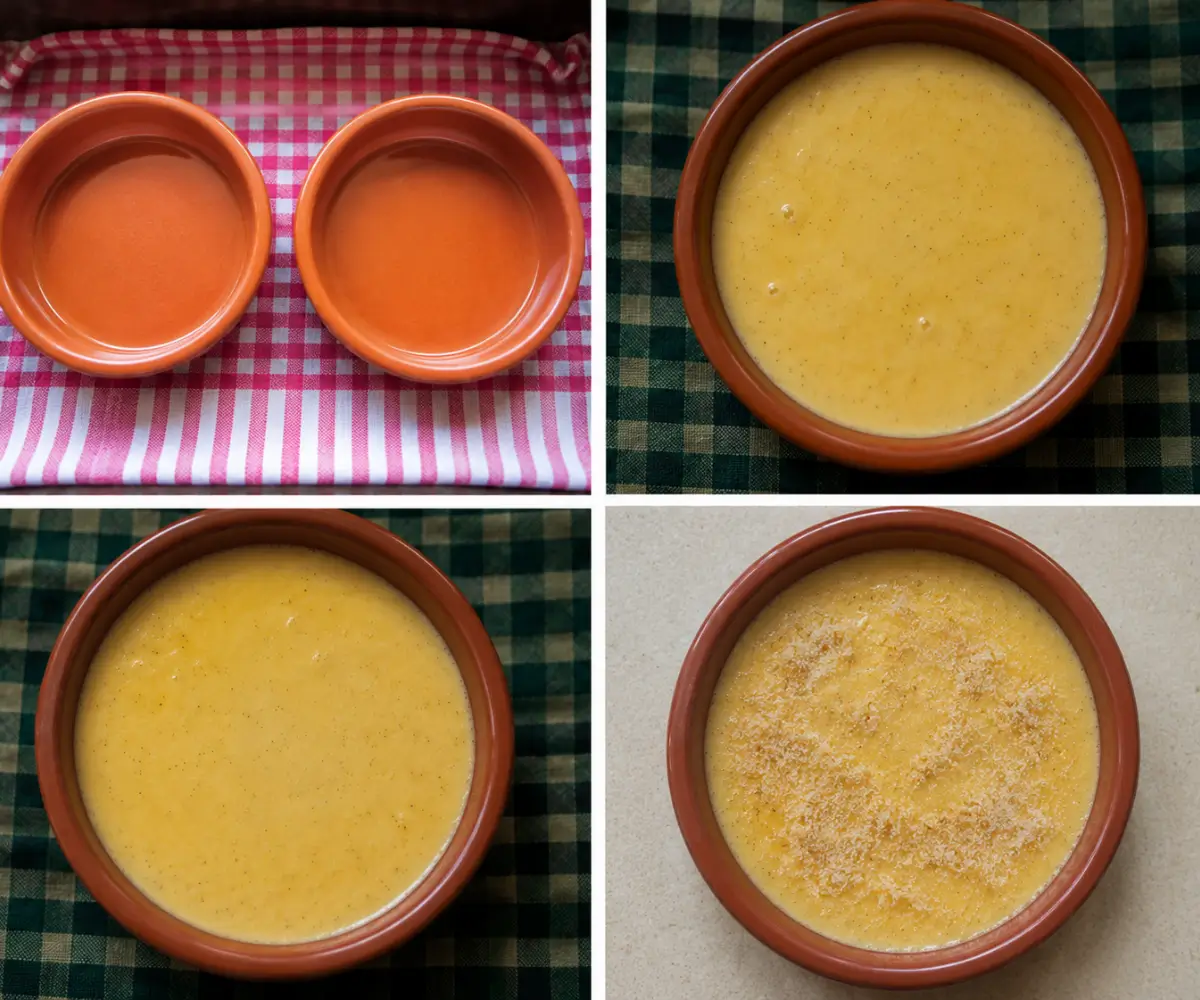 Custard poured into ramekins before baking and topped with sugar before caramelising.