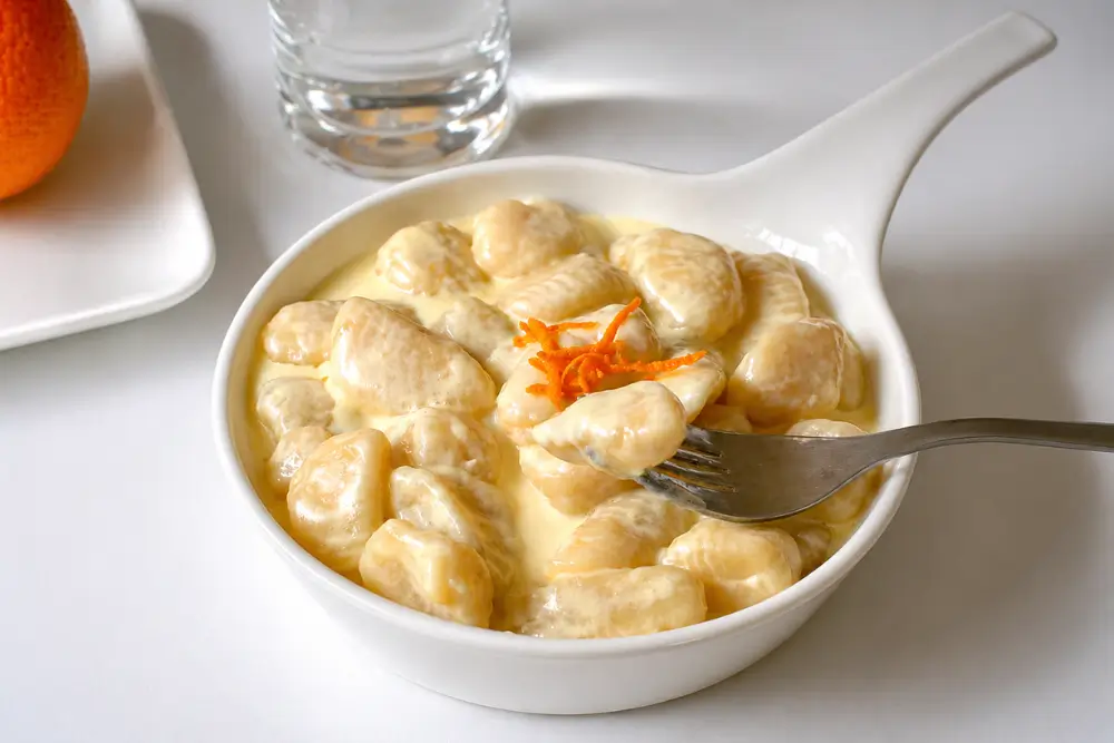 Fork lifting soft gnocchi coated in creamy taleggio fondue.