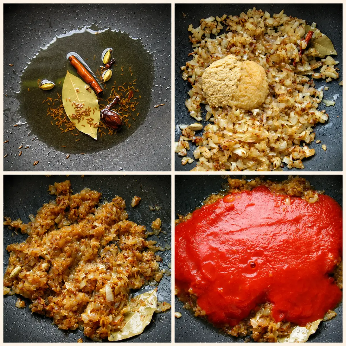 Whole spices frying in oil, onions cooking with ginger and garlic, and tomato purée being added for the masala sauce.