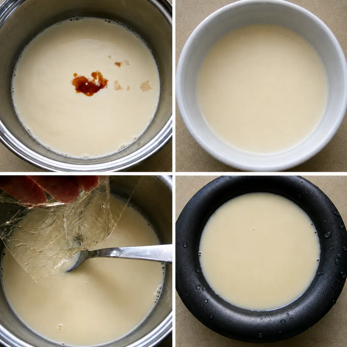 Vanilla panna cotta mixture being prepared, mixed with gelatine, and poured into moulds before chilling.