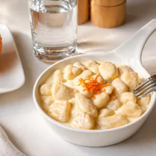 Potato Gnocchi with Taleggio and Orange Fondue topped with fresh orange zest.