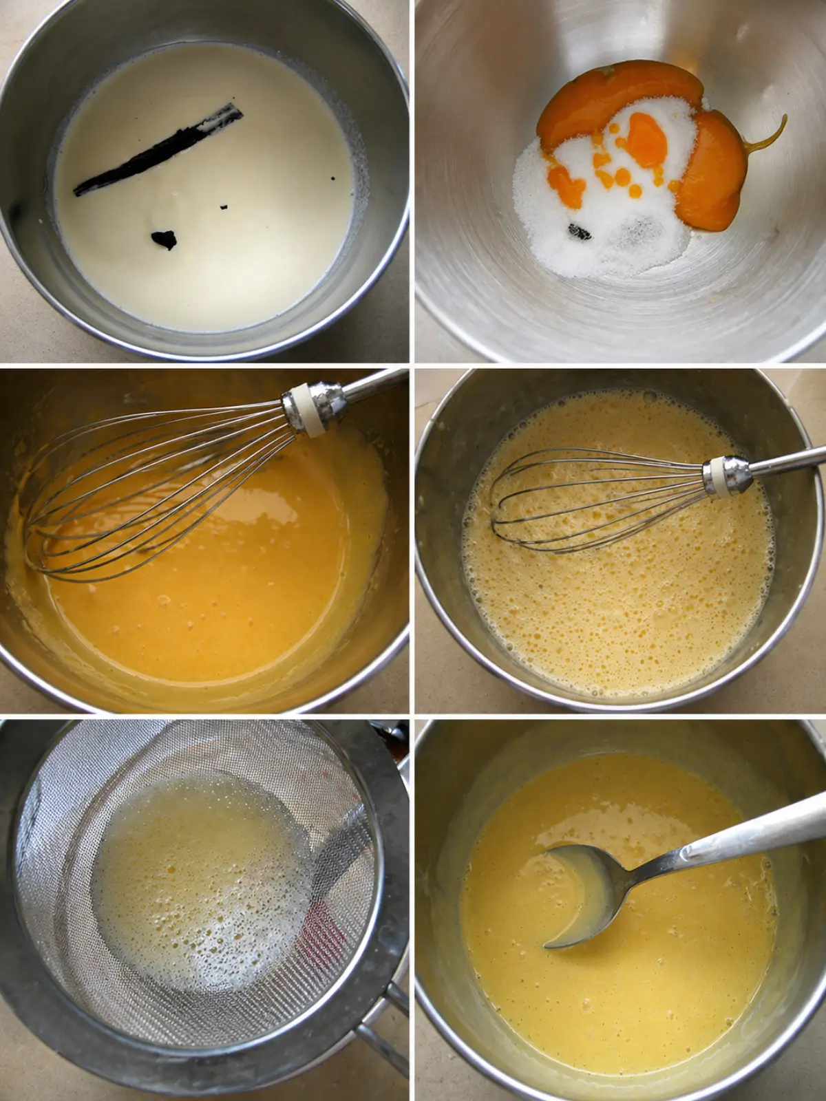 Cream, egg yolks, sugar, and vanilla being whisked and strained for crème brûlée custard.