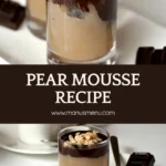 Single glass of pear mousse topped with melted dark chocolate and chopped hazelnuts on a white plate with chocolate squares.
