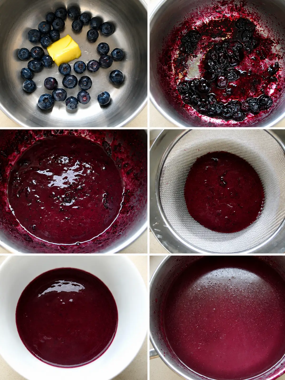 Fresh blueberries cooked with butter, blended into a smooth purée, and strained before adding to the risotto.