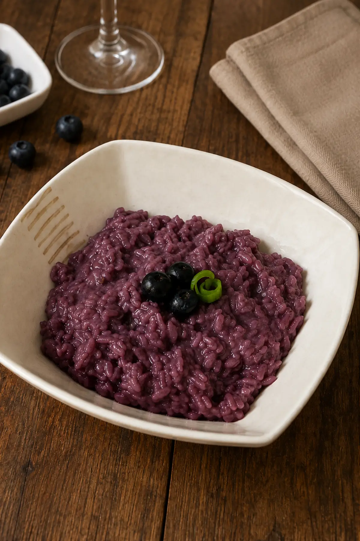 Creamy purple risotto served with fresh blueberries and sliced green onion in a white bowl.
