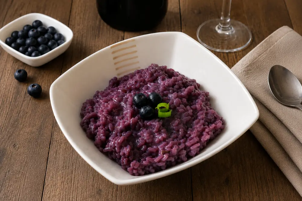 Blueberry Risotto Blueberry Risotto served in a white bowl with fresh blueberries and sliced green onion.