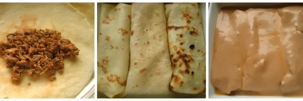 Filling the crêpes with meat, rolled in a dish, and covered with pörkölt sauce before baking.