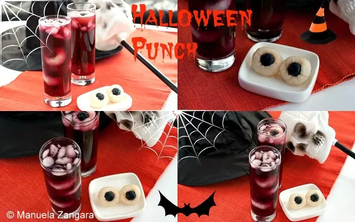 Halloween Punch decorated with eyeballs, cobweb graphics, and Halloween props.