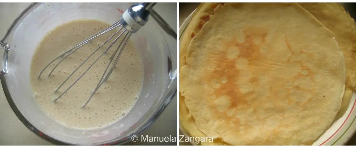 Smooth crêpe batter whisked in a measuring jug.