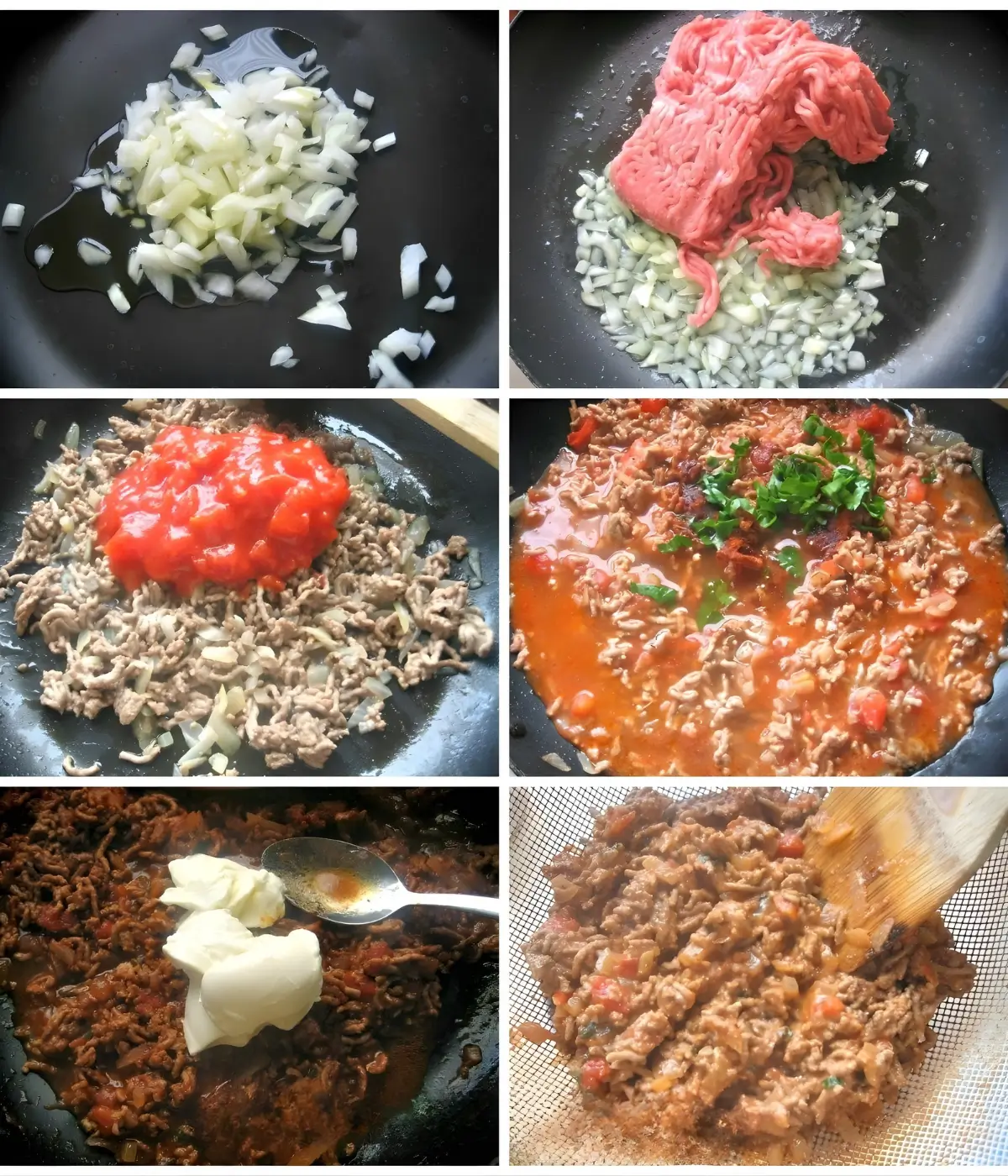 Collage showing onions sautéing, meat browning, tomatoes added, herbs stirred in, sour cream mixed, and sauce strained for the filling.