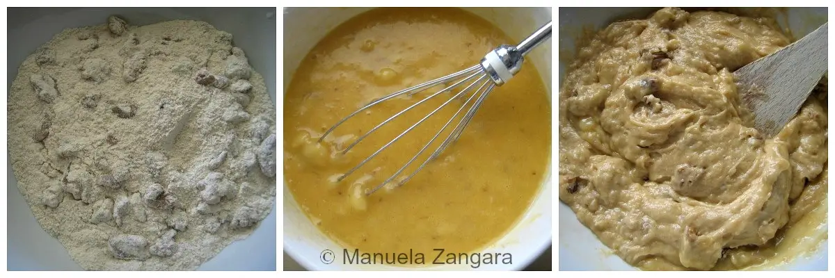 Dry ingredients with walnuts, wet mixture, and batter folded together.