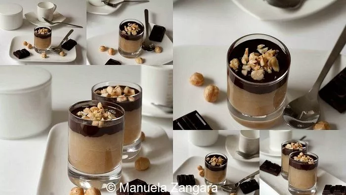 Collage of pear mousse shooters topped with dark chocolate and crushed hazelnuts served in small glasses.