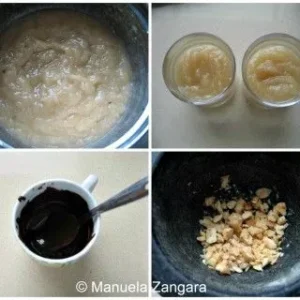 Collage showing blended pears, filled glasses, melted chocolate, and crushed hazelnuts for making the pear mousse.