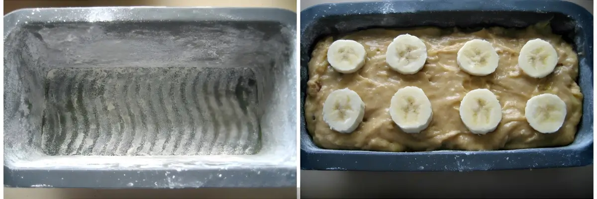 Floured loaf tin and batter topped with banana slices before baking.