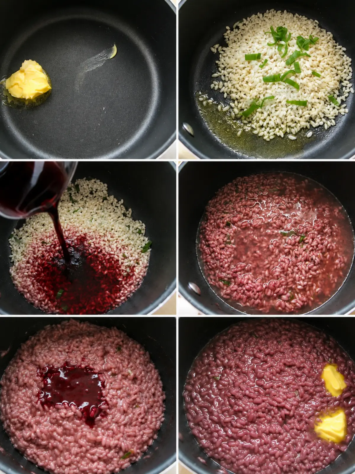 Risotto rice cooking with red wine, blueberry purée, and butter until creamy and glossy.