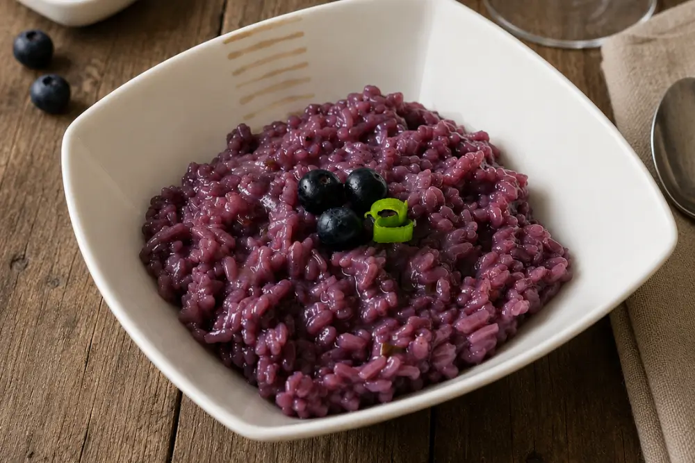 Creamy purple risotto topped with fresh blueberries and green onion.