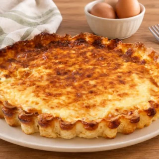 Whole savoury quiche with a golden cheese top and crisp pastry around the edges.