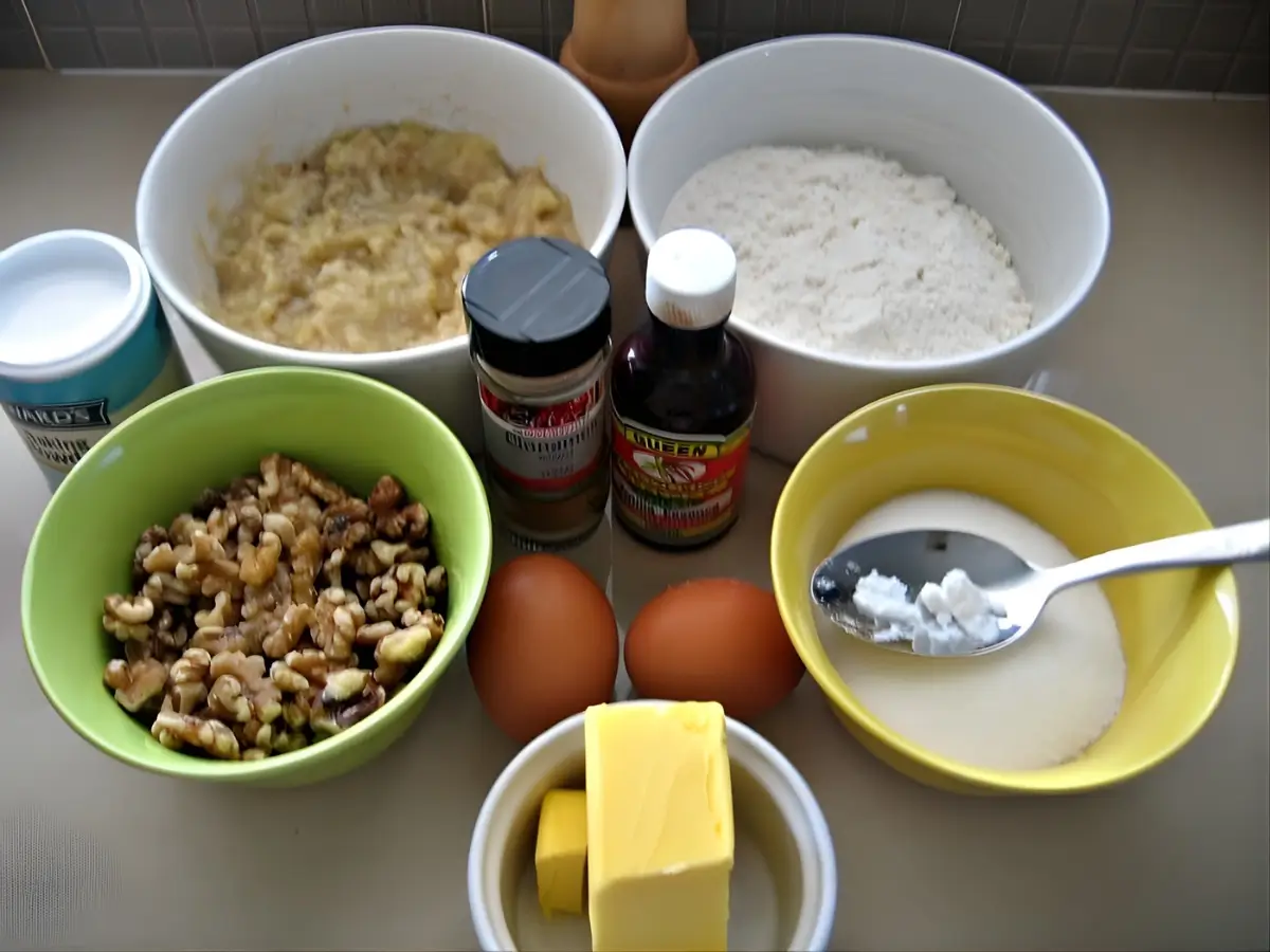 Ingredients for banana walnut bread laid out in bowls on the counter.
