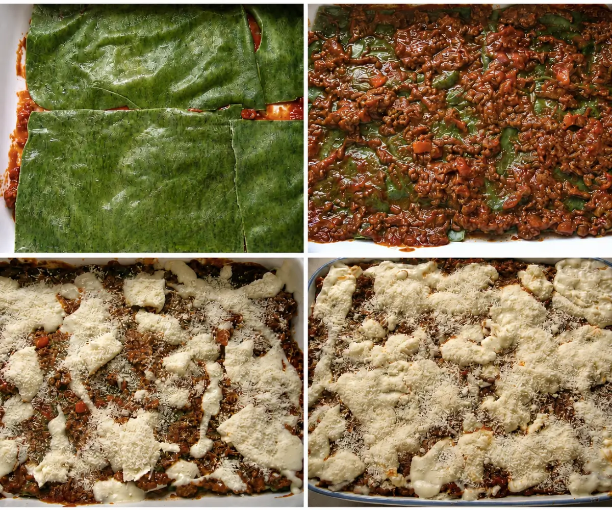 Green pasta layered with ragù, mozzarella, and Parmigiano before baking.