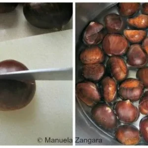 Scoring and boiling chestnuts for Crème de Marron, the base of this French chestnut cream recipe.