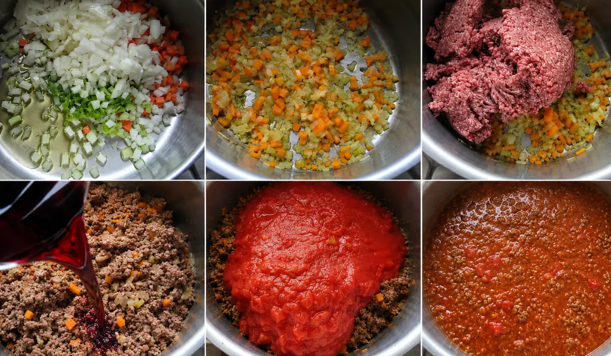 Onion, carrot, celery, and beef mince cooking in a large pot with red wine and tomato sauce.