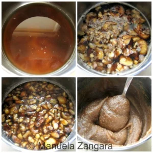 Step-by-step process of making sweet chestnut paste for Crème de Marron, from simmering to blending.