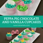 A tray of Peppa Pig cupcakes decorated with green and blue icing and fondant figures of Peppa, ducks, and clouds.