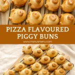 Baked Pizza Flavoured Piggy Buns cooling on a wire rack over a wooden board.