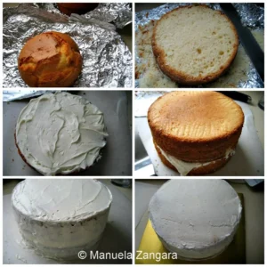 Process shots showing the yoghurt cake being levelled, layered with icing, and crumb coated before fondant.