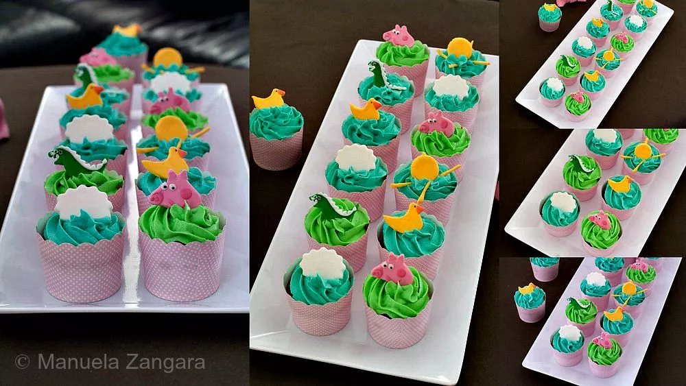 Peppa Pig Chocolate & Vanilla Cupcakes A display of Peppa Pig-themed cupcakes arranged on a white tray with colourful icing and fondant toppers.