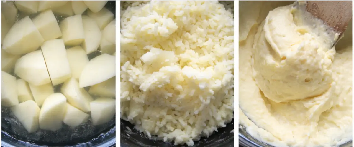 Peeled potatoes boiling in water, then mashed and mixed until smooth and creamy.