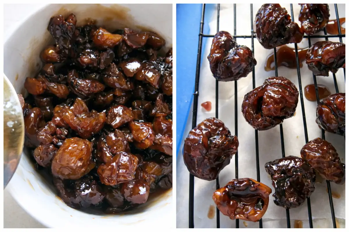 Chestnuts drying on a wire rack with a glossy sugar coating setting.