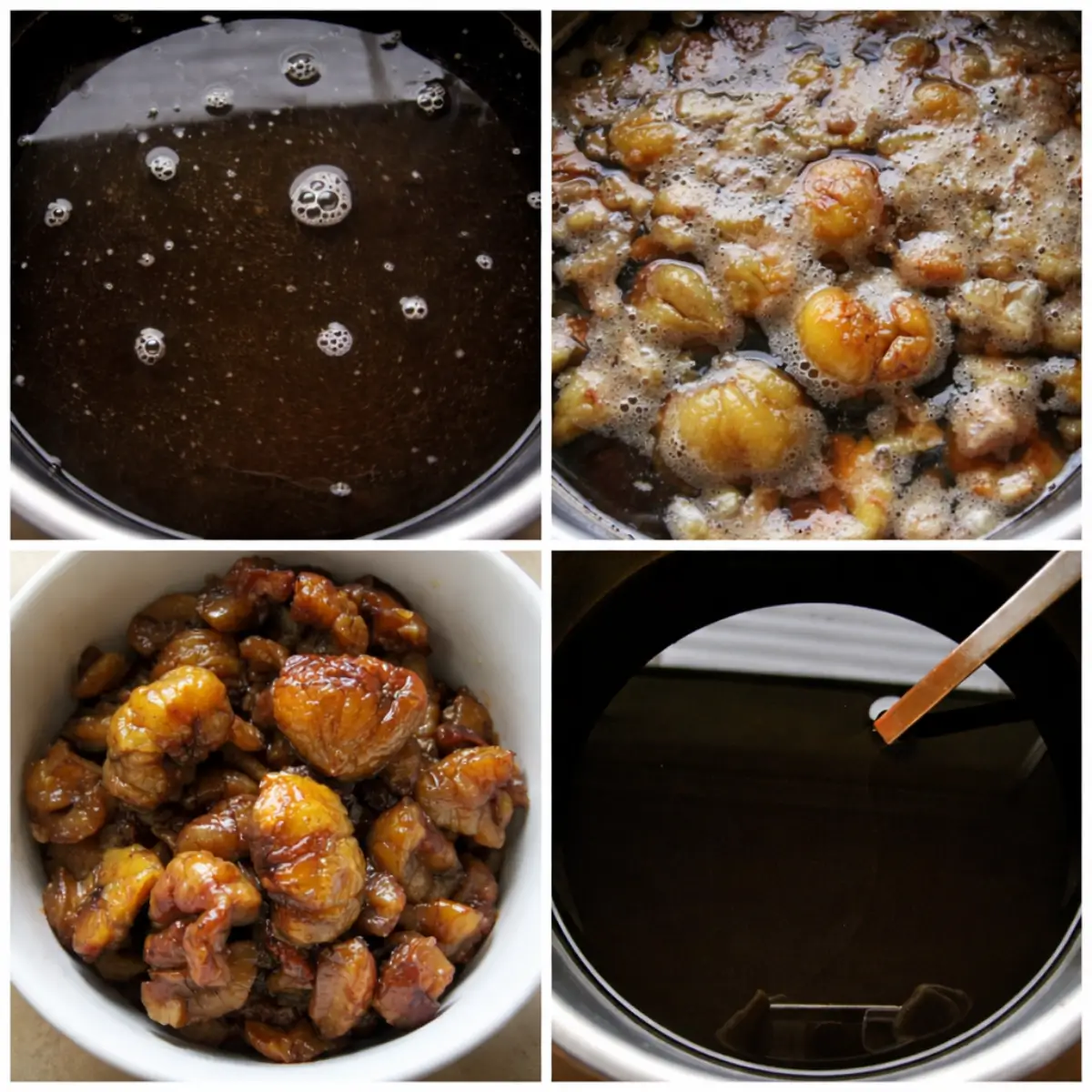 Collage showing sugar syrup, simmering chestnuts, and syrup preparation stages.