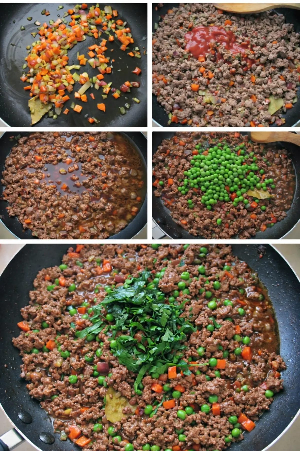 Onion, carrot, and garlic sautéed with minced lamb, then simmered with sauce and peas.