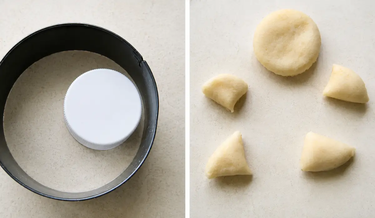 Small dough circles cut and quartered to make noses and ears for the piggy buns.