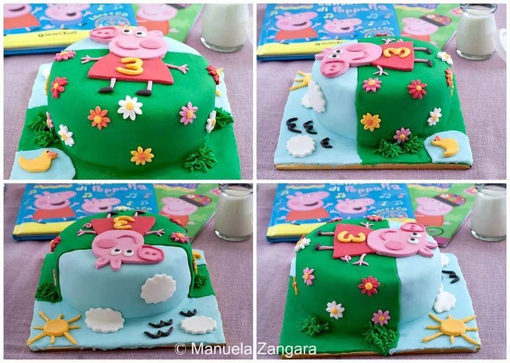Peppa Pig Cake Side view collage of the Peppa Pig cake, showing handmade fondant decorations like grass, clouds, and sun.