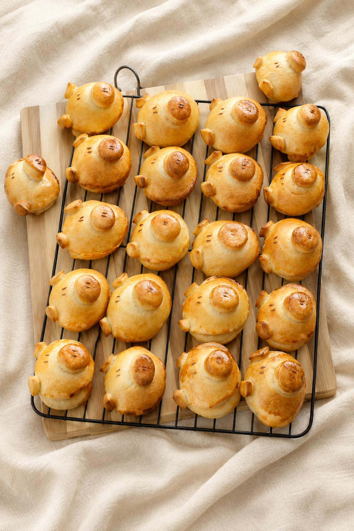 Freshly baked pig-shaped pizza buns arranged on a cooling rack.