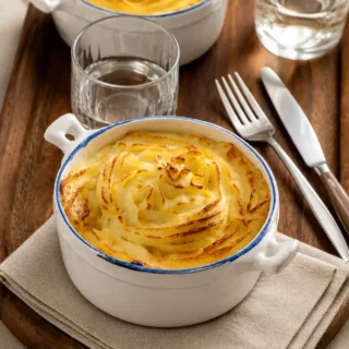 Freshly baked Shepherd's pie with a piped mashed potato topping in a baking dish.